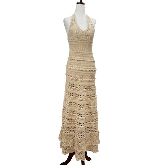 Moda International Dresses & Skirts - Moda International Crochet Maxi Dress Halter Open Knit Boho Festival Beach VTG